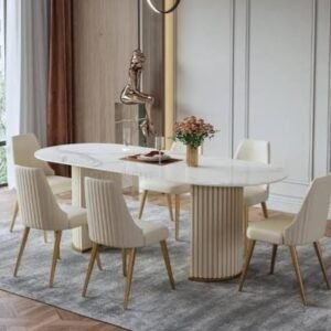6-Seater Oval Marble Dining Table with Cream Fluted Chairs | Serena Set