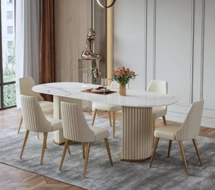 6-Seater Oval Marble Dining Table with Cream Fluted Chairs | Serena Set 6-Seater Oval Marble Dining Table with Cream Fluted Chairs | Serena Set