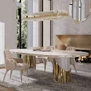 Aurora Oval Marble Dining Table with Gold Base – Luxury 6-Seater Set