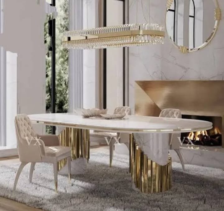 Aurora Oval Marble Dining Table with Gold Base – Luxury 6-Seater Set Aurora Oval Marble Dining Table with Gold Base – Luxury 6-Seater Set