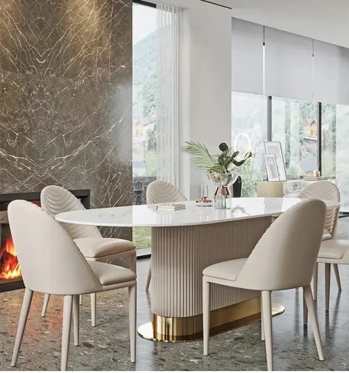Valencia Oval Marble Dining Table with Fluted Base – 6-Seater Luxury Set Valencia Oval Marble Dining Table with Fluted Base – 6-Seater Luxury Set