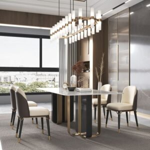 Moderno Luxe Marble Dining Table – 6 Seater with Sculptural Gold & Black Base