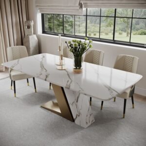 Vespera White Marble Dining Table Set – Gold Base & Quilted Chairs