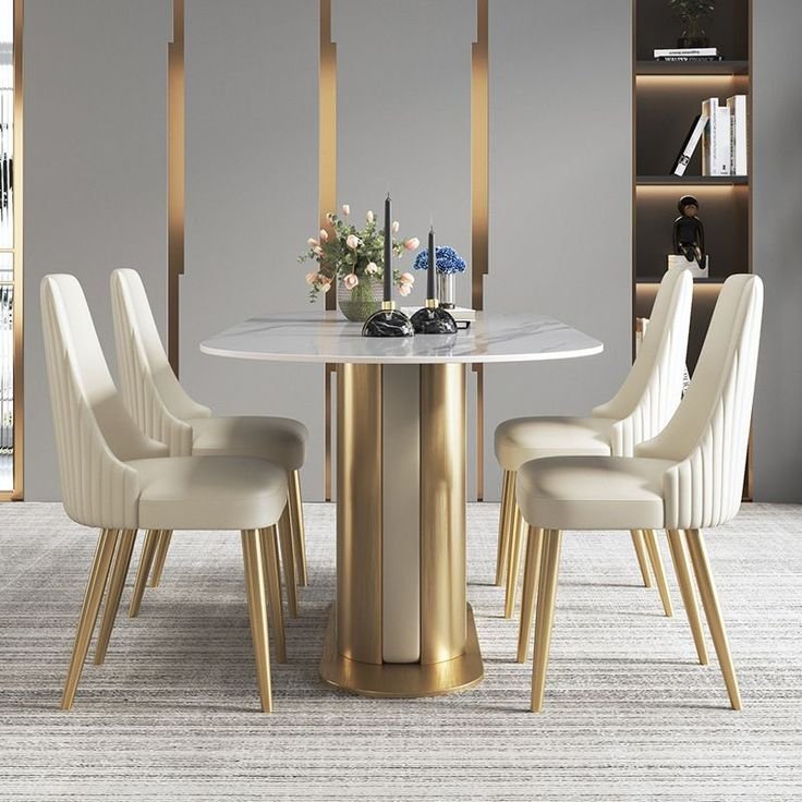 Celeste Harmony Marble Dining Table with Gold Base & Ivory Chairs Celeste Harmony Marble Dining Table with Gold Base & Ivory Chairs