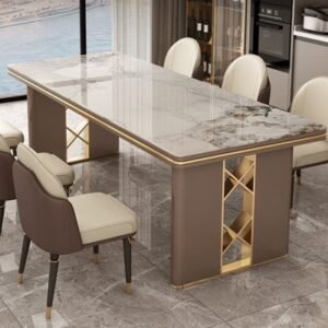 Aurum Luxe Marble Dining Table with Gold Base & Taupe Finish