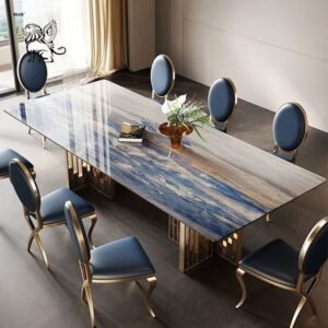 Celestia Blue Onyx Dining Table with Gold Pedestals & Navy Chairs