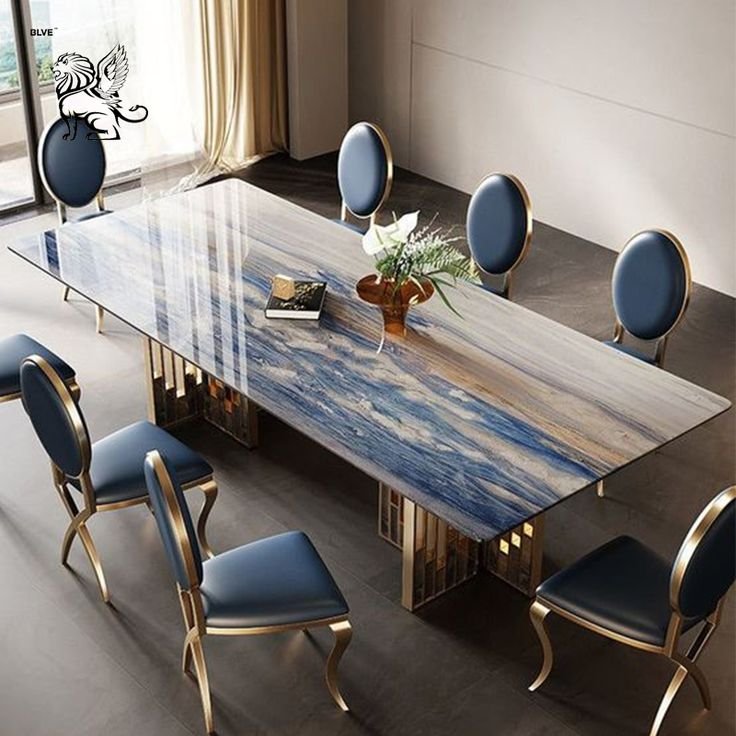 Celestia Blue Onyx Dining Table with Gold Pedestals & Navy Chairs Celestia Blue Onyx Dining Table with Gold Pedestals & Navy Chairs