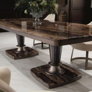 Brown Marble Luxury Dining Table – Marbella Earthtone with Dual Pedestal Base