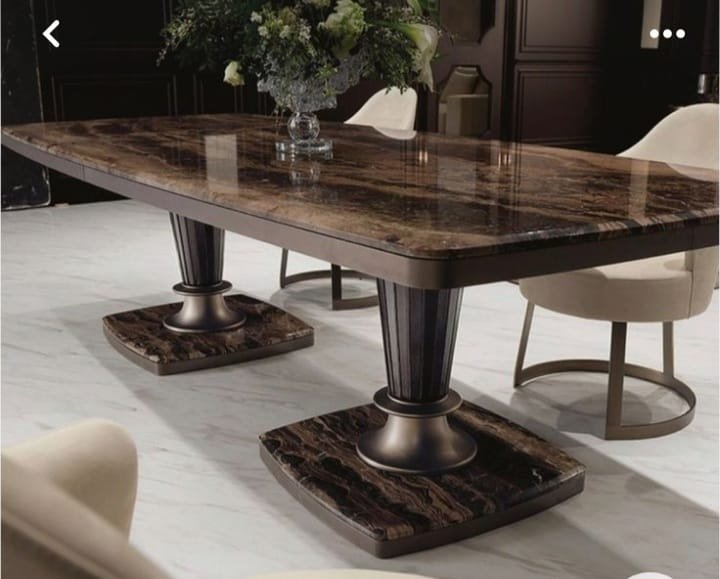 Brown Marble Luxury Dining Table – Marbella Earthtone with Dual Pedestal Base Brown Marble Luxury Dining Table – Marbella Earthtone with Dual Pedestal Base