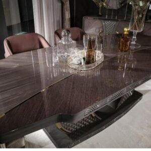 Obsidian Eclipse Dining Table – Gloss Ebony Designer Table with Geometric Base Meta Description: