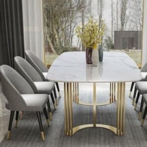 Celeste Arc Marble Dining Table – Gold Column Base Luxury