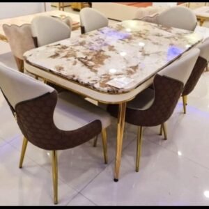 Valencia 6-Seater Marble Dining Table with Gold Legs and Designer Chairs