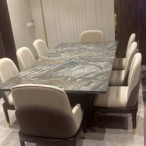 Aurora Blue Vein Marble 8-Seater Dining Table Set with Beige & Brown Chairs