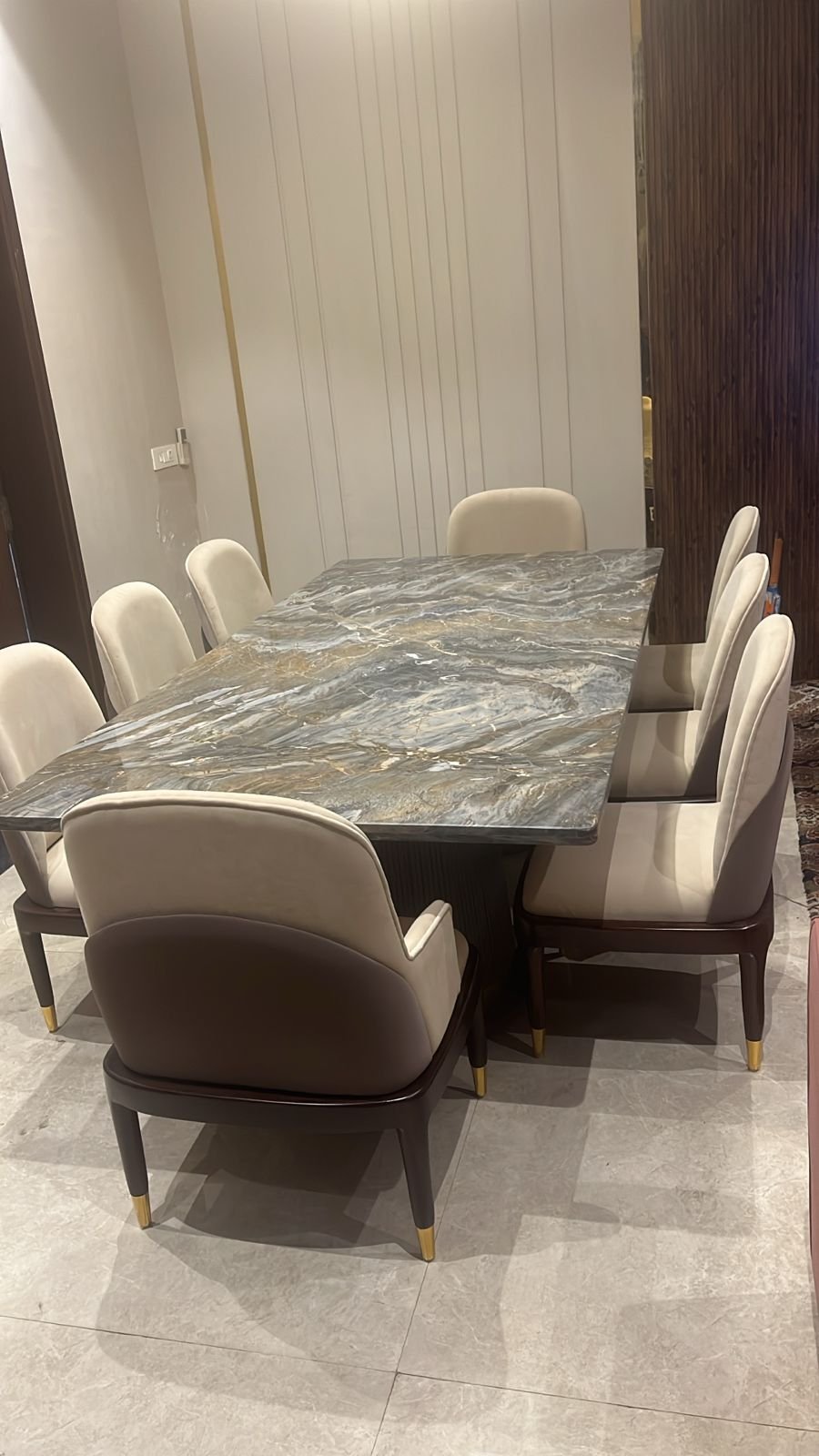 Aurora Blue Vein Marble 8-Seater Dining Table Set with Beige & Brown Chairs Aurora Blue Vein Marble 8-Seater Dining Table Set with Beige & Brown Chairs