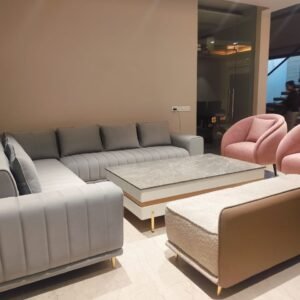 Vienna Luxe Grey Sectional Sofa Set with Pink Chairs & Marble Table