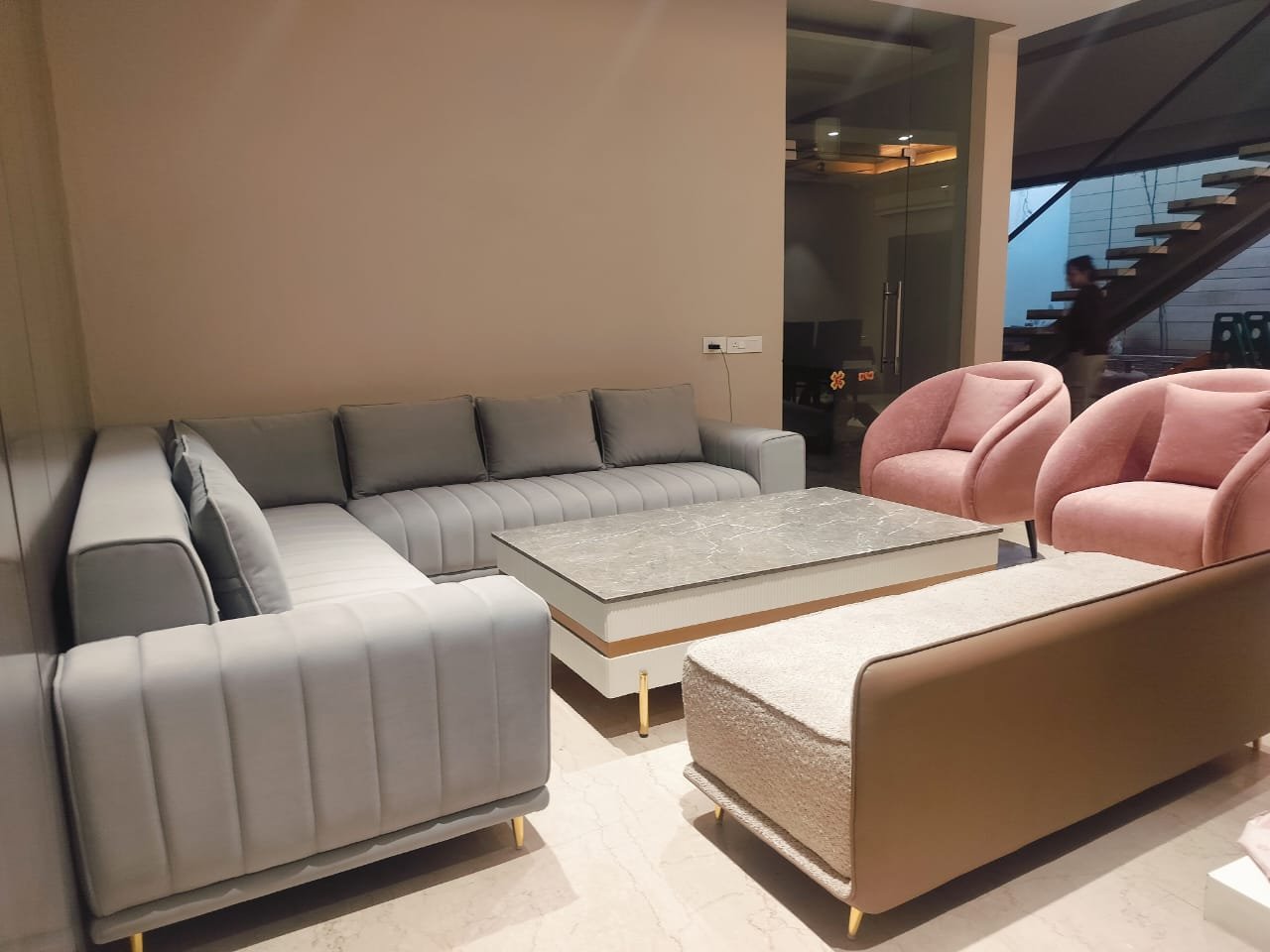 Vienna Luxe Grey Sectional Sofa Set with Pink Chairs & Marble Table Vienna Luxe Grey Sectional Sofa Set with Pink Chairs & Marble Table