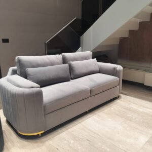 Astra Grey Velvet Sofa – Modern Curved Couch with Gold Accents