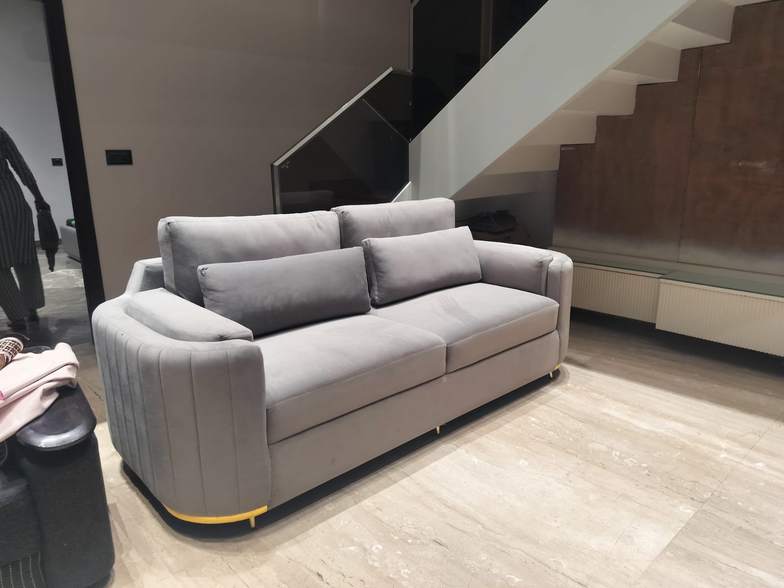 Astra Grey Velvet Sofa – Modern Curved Couch with Gold Accents Astra Grey Velvet Sofa – Modern Curved Couch with Gold Accents