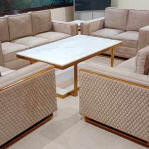 Monte Carlo Beige Velvet Sofa Set with Quilted Panels & Gold Frame