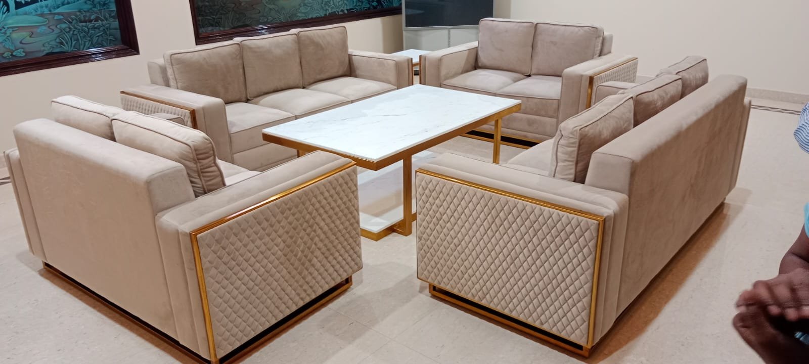 Monte Carlo Beige Velvet Sofa Set with Quilted Panels & Gold Frame Monte Carlo Beige Velvet Sofa Set with Quilted Panels & Gold Frame