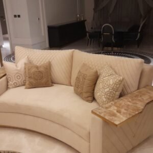 Regalia Cream Curved Sofa with Quilted Back and Marble Arm Panels