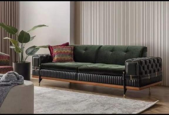 Windsor Noir Green Velvet Sofa with Tufted Arms & Gold Accents Windsor Noir Green Velvet Sofa with Tufted Arms & Gold Accents