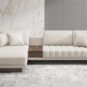 Cortado Luxe Cream Sectional Sofa with Walnut Console – Minimalist Luxury Seating
